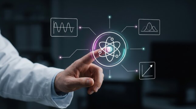 Scientist in white coat touching a glowing atomic hologram interface with data visualization graphs and charts, quantum physics research, advanced data analytics modern technology business concept