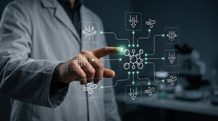 Fototapeta premium Scientist touching glowing node on digital interface mapping advanced filtration and airflow analysis processes, technology, innovation concept, data management modern technology business concept