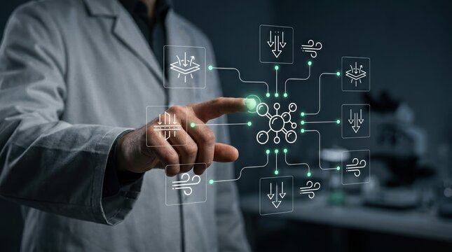 Scientist touching glowing node on digital interface mapping advanced filtration and airflow analysis processes, technology, innovation concept, data management modern technology business concept