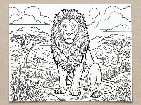 Lion sitting on savannah rock surrounded by grass and trees