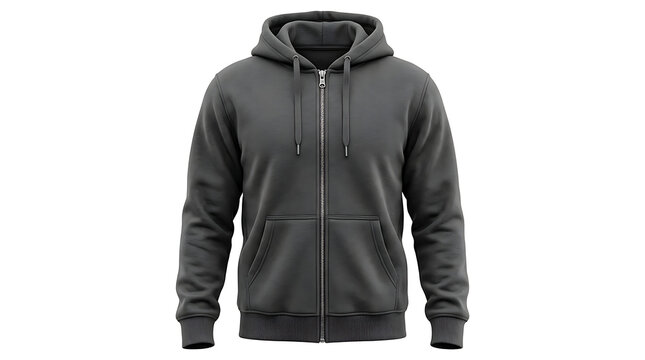 Dark Gray Zip Up Hoodie Mockup Isolated on White Background for Apparel Branding, Fashion Design, Merchandise, and Clothing Presentation