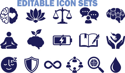 Mental wellness and psychology mindfulness icon set with wellness psychology mindfulness meditation protection intelligence creativity wellbeing knowledge selfcare brainstorming education © iconic 