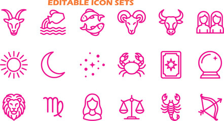 Set of pink zodiac signs and astrology icons with astrology horoscope astronomy constellation prediction forecast capricorn aquarius sagittarius esoteric celestial spiritual collection © iconic 