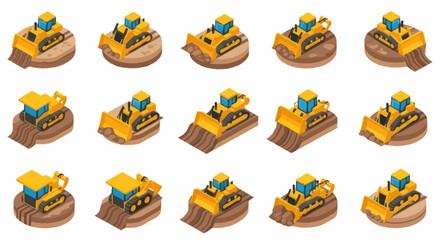 Collection of Yellow Construction Bulldozers in Isometric View. © Lerr