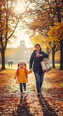 Fototapeta premium Mother and Young Daughter Walking Hand in Hand on Autumn School Path