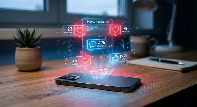 Mobile phone displaying holographic social media feed dashboard with metrics for new likes comments and shares in professional workstation setting showing data analytics for digital creators online