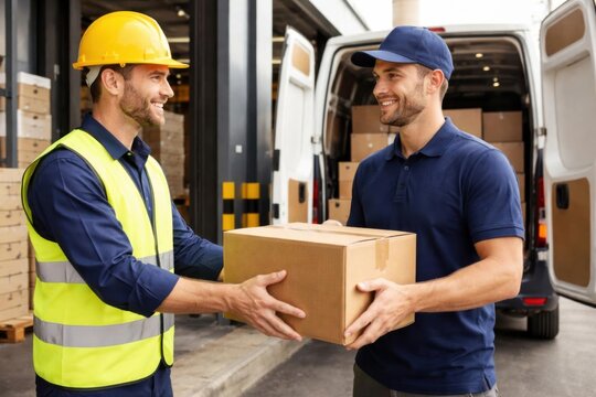 Entrega final del paquete del trabajador del almac&eacute;n al conductor del servicio de mensajer&iacute;a en el muelle de carga

