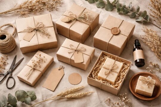 Elegante presentaci&oacute;n del empaque con papel kraft, cajas y texturas naturales
