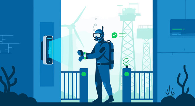 Diver access control security, biometric scan, underwater city concept