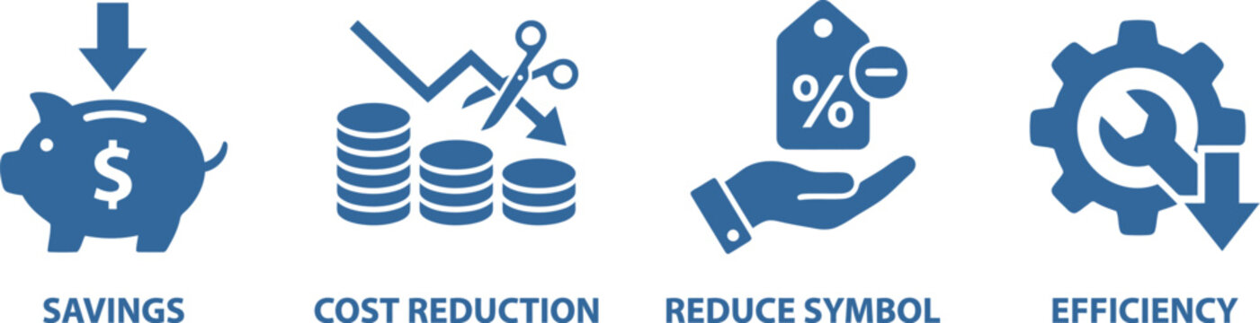 Business and finance concept icons for savings cost reduction and efficiency with business investment reduction efficiency management optimization productivity development planning strategy