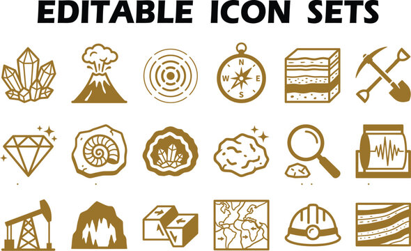 Geology and mining industry editable icon set for resource extraction with industry crystals seismograph extraction drilling resources minerals elements geological exploration geoscience