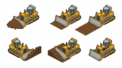 Set of six isometric yellow bulldozers in different working positions. © Lerr