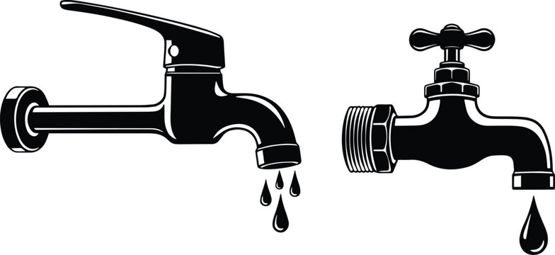 A pair of detailed black and white vector illustrations featuring different styles of water taps dripping water, suitable for plumbing, environmental, or conservation-themed projects