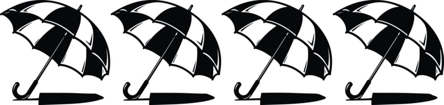 A collection of four identical black and white illustrations featuring striped umbrellas with a classic curved handle design, suitable for weather, beach, or rain-themed projects.