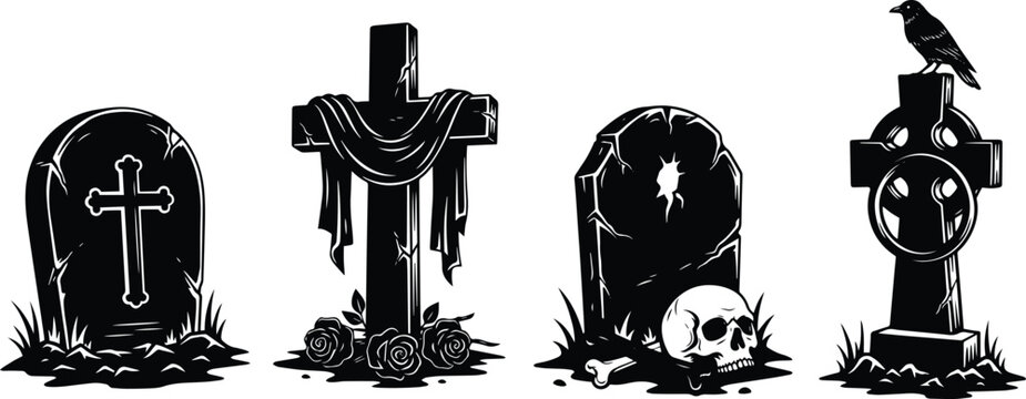 A collection of detailed, monochromatic illustrations featuring various tombstones, crosses, a skull, and a raven, suitable for Halloween or gothic-themed designs.