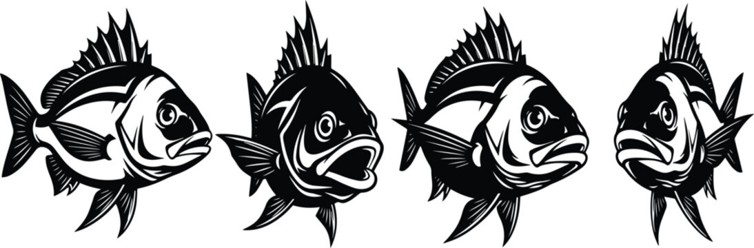 A collection of four bold, black and white illustrations featuring stylized fish in various swimming positions, ideal for fishing, maritime, or seafood branding.
