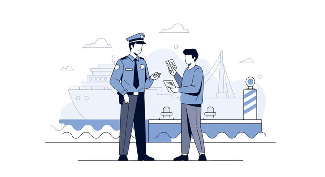 Customs Officer Inspecting Traveler's Documents at Harbor with Ship Background