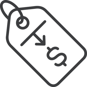 Price tag with downward arrow and dollar sign representing price drop and affordability line icon