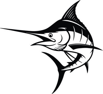 A detailed black and white graphic illustration of a marlin fish leaping, showcasing its distinctive long bill, dorsal fin, and streamlined body.