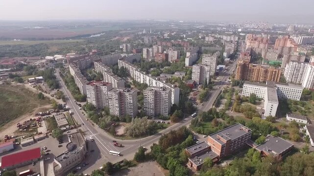 Aerial drone advance above Dzerzhinsky residential area