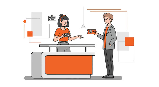 Customer service at reception desk, handing over ticket or badge