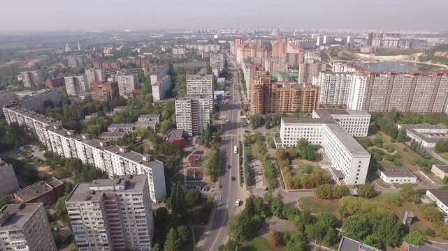 Drone descending over Dzerzhinsky residential area
