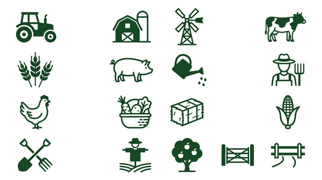 Farm icons depict a tractor, barn, windmill, cow, wheat, pig, chicken, fruits, tools, and scarecrow in a rural setting with farm equipment.