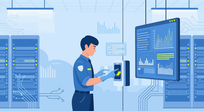 Data Center Security: Technician Accessing Server Room with Tablet and Monitor