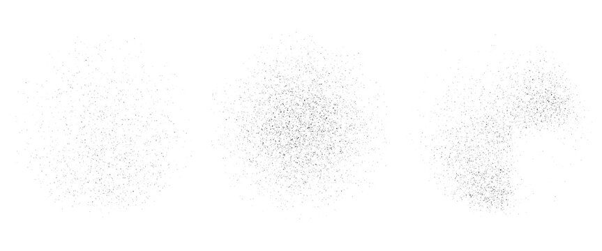 Grainy noise circles vector set. Dot grain texture circles. Spray texture sand and dissolving circles. Abstract black spheres with gradient stipple pattern.  Vector illustration