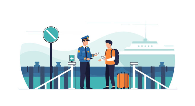 Customs officer checks tourist passport at port, ship in background