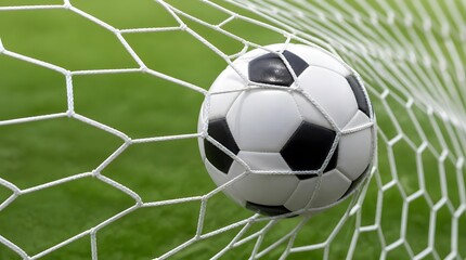 Obraz premium Soccer Ball Caught in White Goal Net Close Up Sports Victory