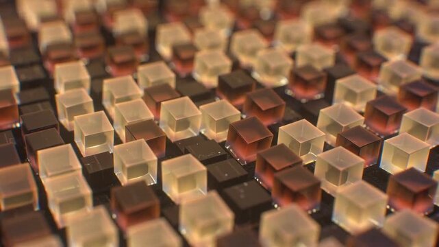 Glowing translucent cubes in abstract style on a dark background, symbolizing modern technology concept theme