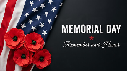 Fototapeta premium Memorial day background with american flag and red poppy flowers