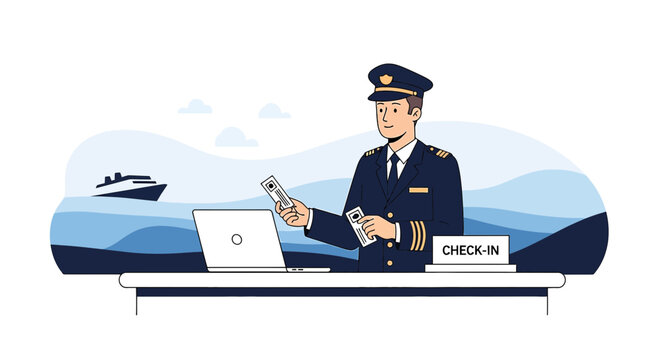Cruise ship captain checking passports at check-in desk, travel concept