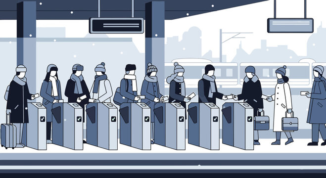 Commuters pass through winter train station turnstiles with falling snow illustration