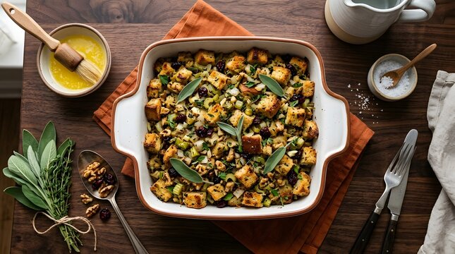 Delicious homemade bread stuffing with herbs and cranberries