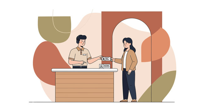 Customer receives ticket at reception desk, modern illustration style