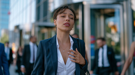 Fototapeta premium Young professional woman frozen mid-stride on busy lunchtime street, hand pressed to sternum, mouth slightly open during public panic attack, suited pedestrians flowing around her, glass office towe