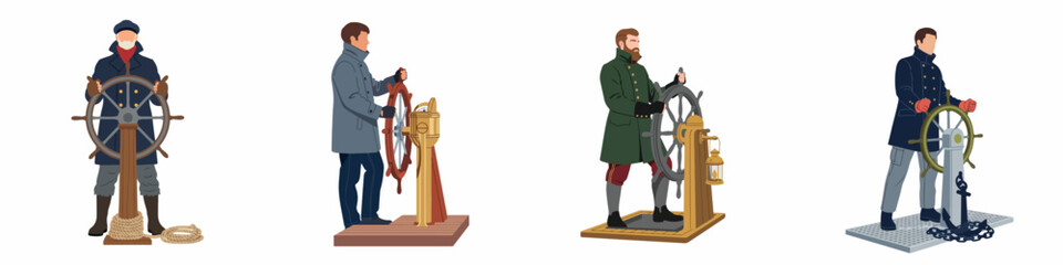Set of flat illustrations featuring various sea captains and sailors steering ship wheels, isolated on a white background. © Kreco