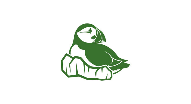 Green puffin bird illustration on rocks.