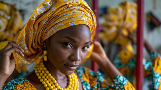 Young Yoruba woman styling elaborate gele headwrap before entering formal Lagos cultural gala, intricate brocade fabric pinned and folded with ancestral precision, full-length mirror reflecting bead
