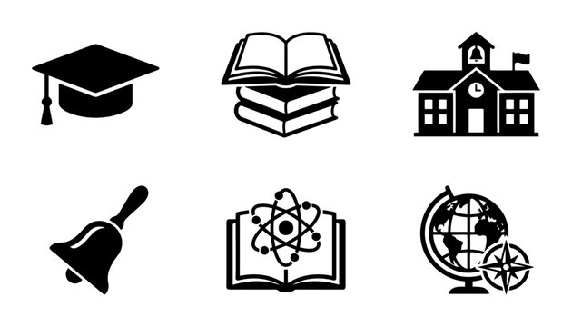 Education Icons Set: Graduation Cap, Books, School Building, Bell, Science Atom, Globe & Compass Vector Graphics