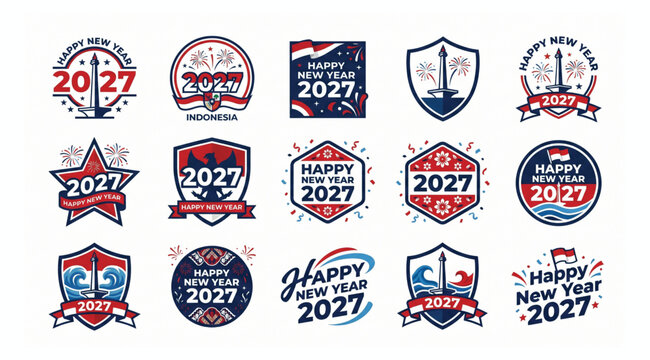 Happy new year 2027 emblem and badge vector set featuring indonesian cultural icons indonesia national celebration greeting patriotic fireworks decorative identity collection