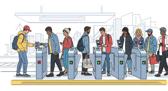 Commuters using ticket barriers at a transport station, diverse group boarding train