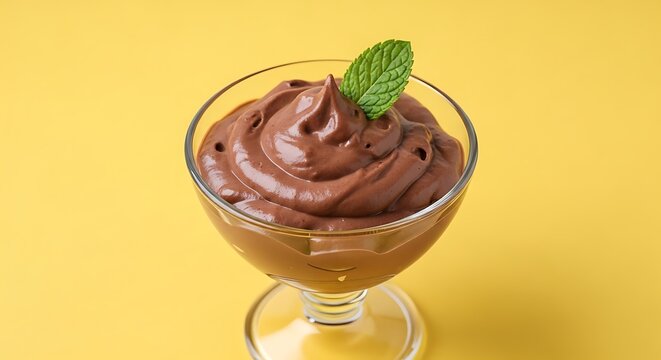 Chocolate mousse dessert garnished with a mint leaf in a glass bowl.