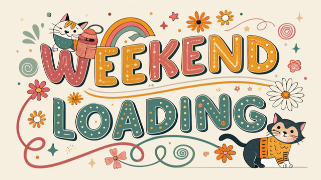 Colorful weekend loading typography with playful cat characters