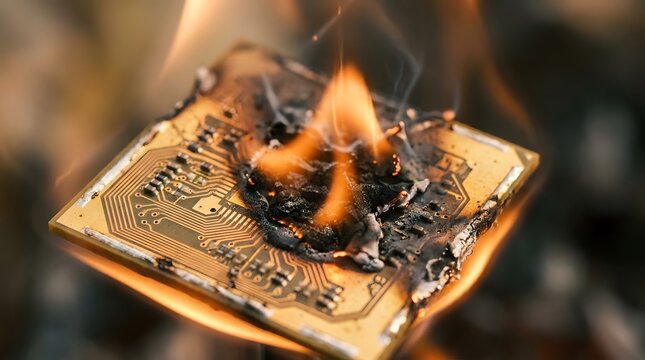 Golden computer microchip catching fire with bright orange flames demonstrating severe hardware failure and catastrophic digital cybersecurity breaches