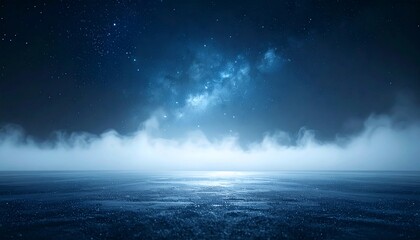 Fototapeta premium Glowing mist over a cosmic sea beneath a starry night sky, with radiant nebula light creating a surreal, mysterious, and tranquil atmosphere.