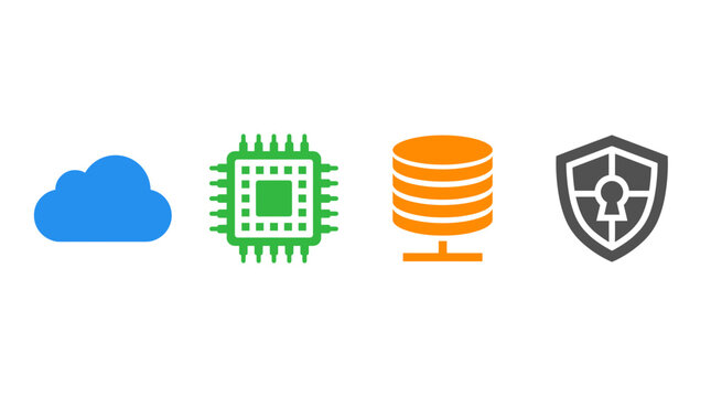 vector set of four flat tech icons including cloud and chip with modern digital design style