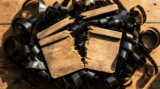 Shattered wooden movie clapperboard resting on tangled celluloid film strips representing canceled cinema productions and obsolete media technology